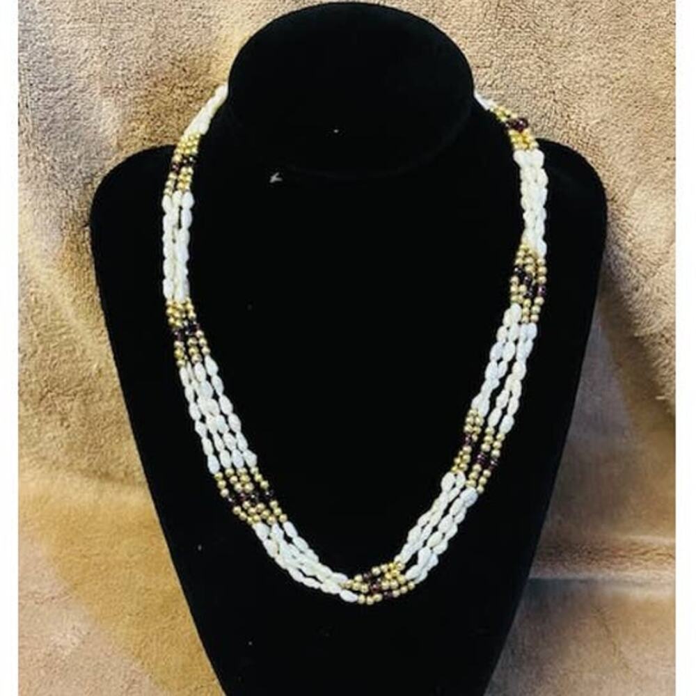 Vintage Multi-Strand Iridescent Rice Pearls, Amethyst & Gold Bead 16" Necklace